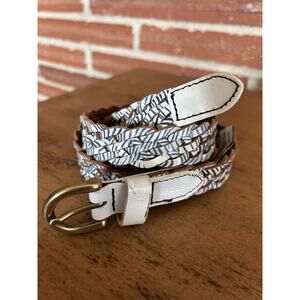 Fossil Braided Leather Belt White Blue Pattern Brass Buckle